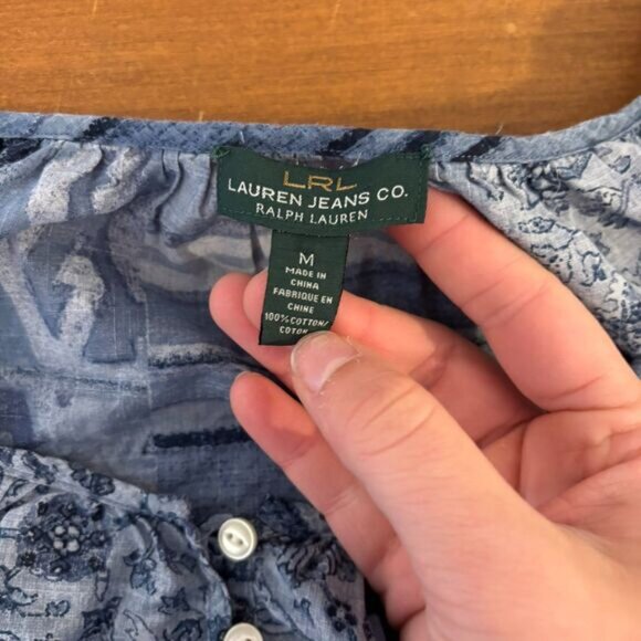 Lauren Ralph Lauren size Medium Blue Boho Patterned Preppy Cotton Peasant Blouse - Picture 5 of 7